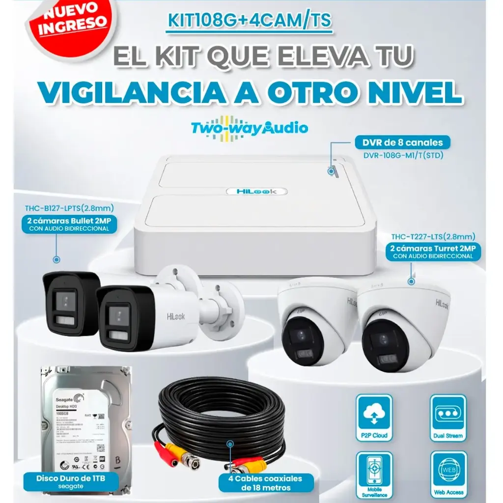 KIT COMPLETO DE 4CH BIDIRECCIONAL 2MP HILOOK KIT108G+4CAM/TS