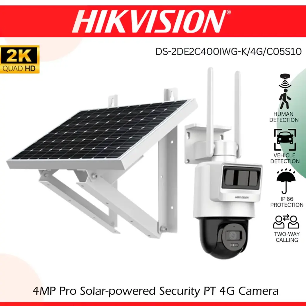 CAMARA PT SOLAR 4G DE 4MP CON PANEL SOLAR MICROFONO Y ALTAVOZ HIKVISION HK-DS2DE2C400IWG-K/4G