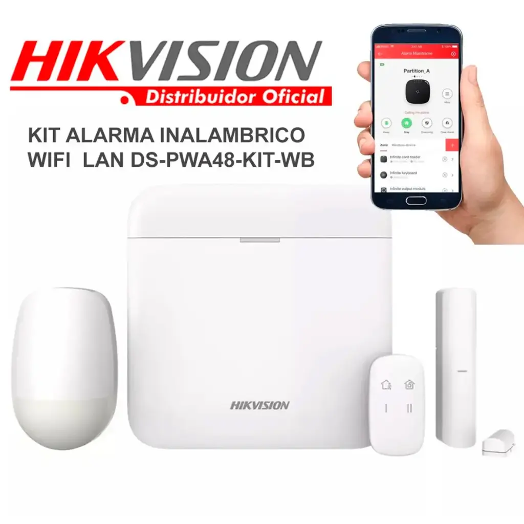 KIT ALARMA AX PRO WIFI/LAN 48 ZONAS. INCLUYE PANEL, PIR, MAGN Y PULSADOR HK-DS-PWA48-KIT-WB HIKVISION