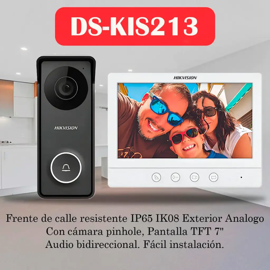 VIDEO PORTERO ANALOGICO HIGH DEFINITION  CON PANTALLA DE 7" | TIMBRE + BOTON APERTURA DE PUERTA DS-KIS213 HIKVISION