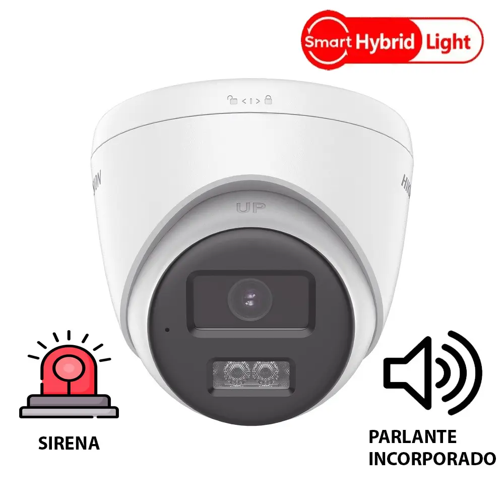 CAMARA DOMO 2MP PLASTICO  BIDIRECCIONAL 40 METROS | LUZ POLICIAL Y ALARMA | HK-DS2CE78D0T-LXTS HIKVISION