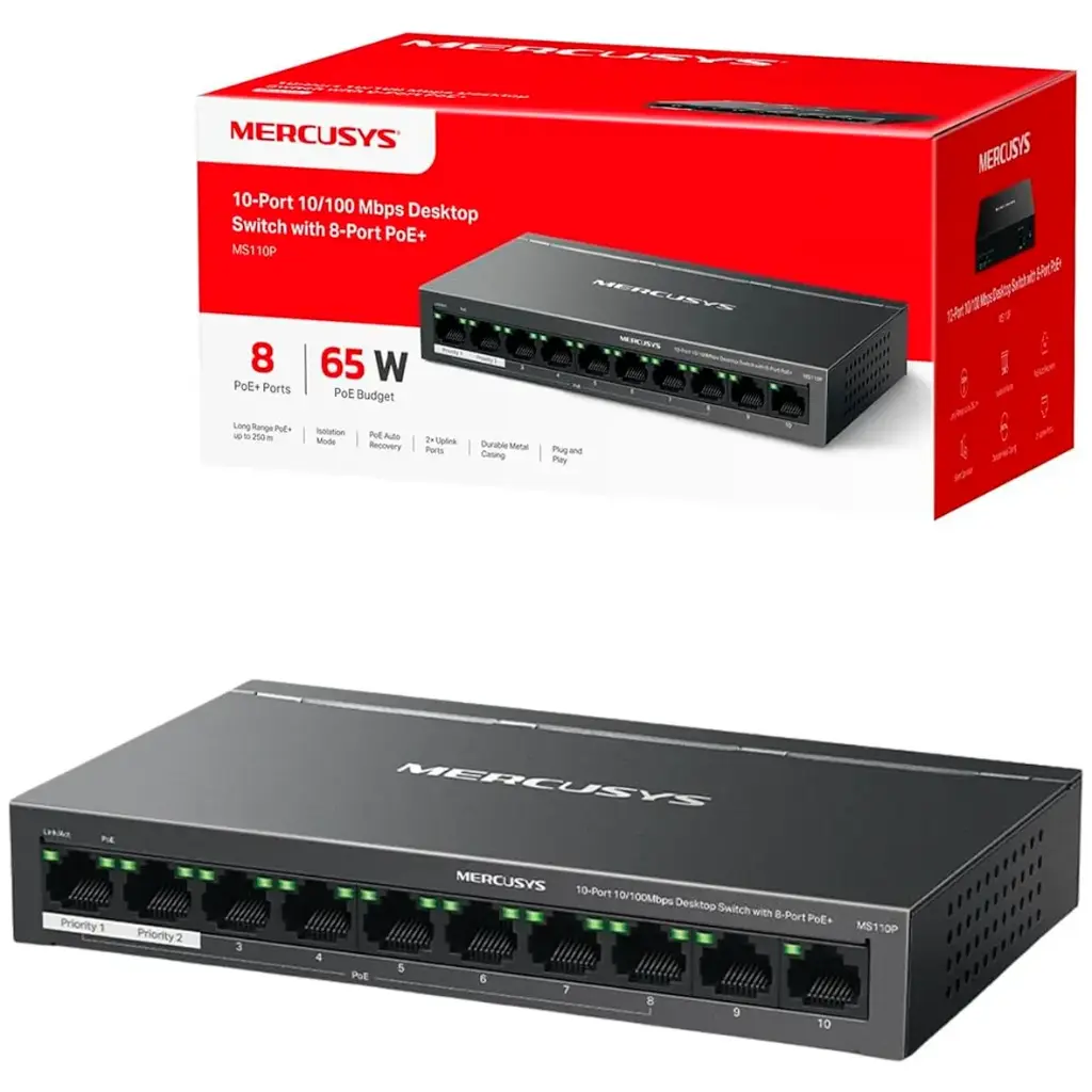SWITCH POE DE 8 PUERTOS 10/100Mbps Long Range Poe+ 250m + 2 Puertos Uplink | Metalico | 65W MS110P MERCUSYS