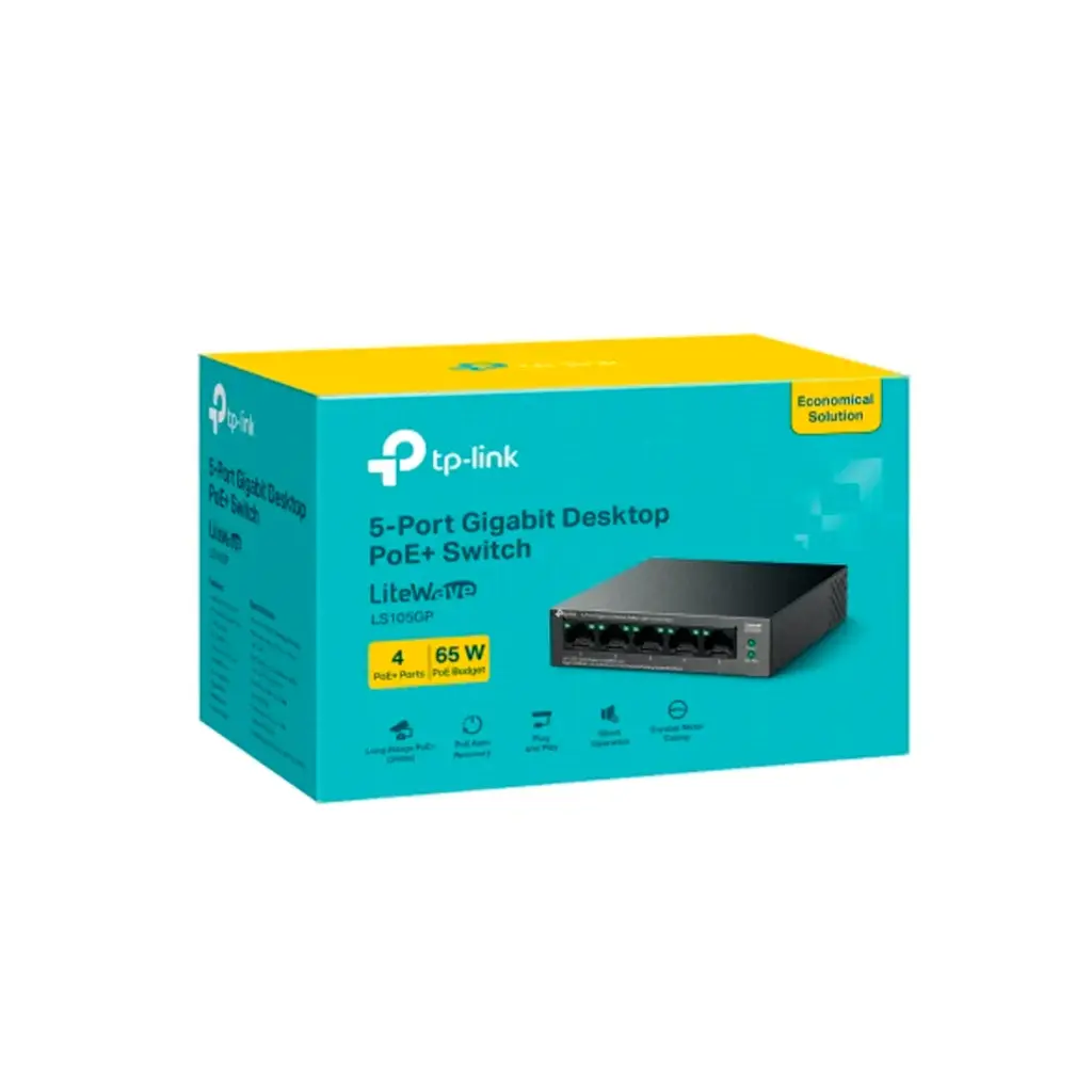 SWITCH GIGABIT DE 5 PUERTOS CON 4 POE+ DE 65W Y TRANSMISION HASTA 250M PLUG & PLAY LS105GP