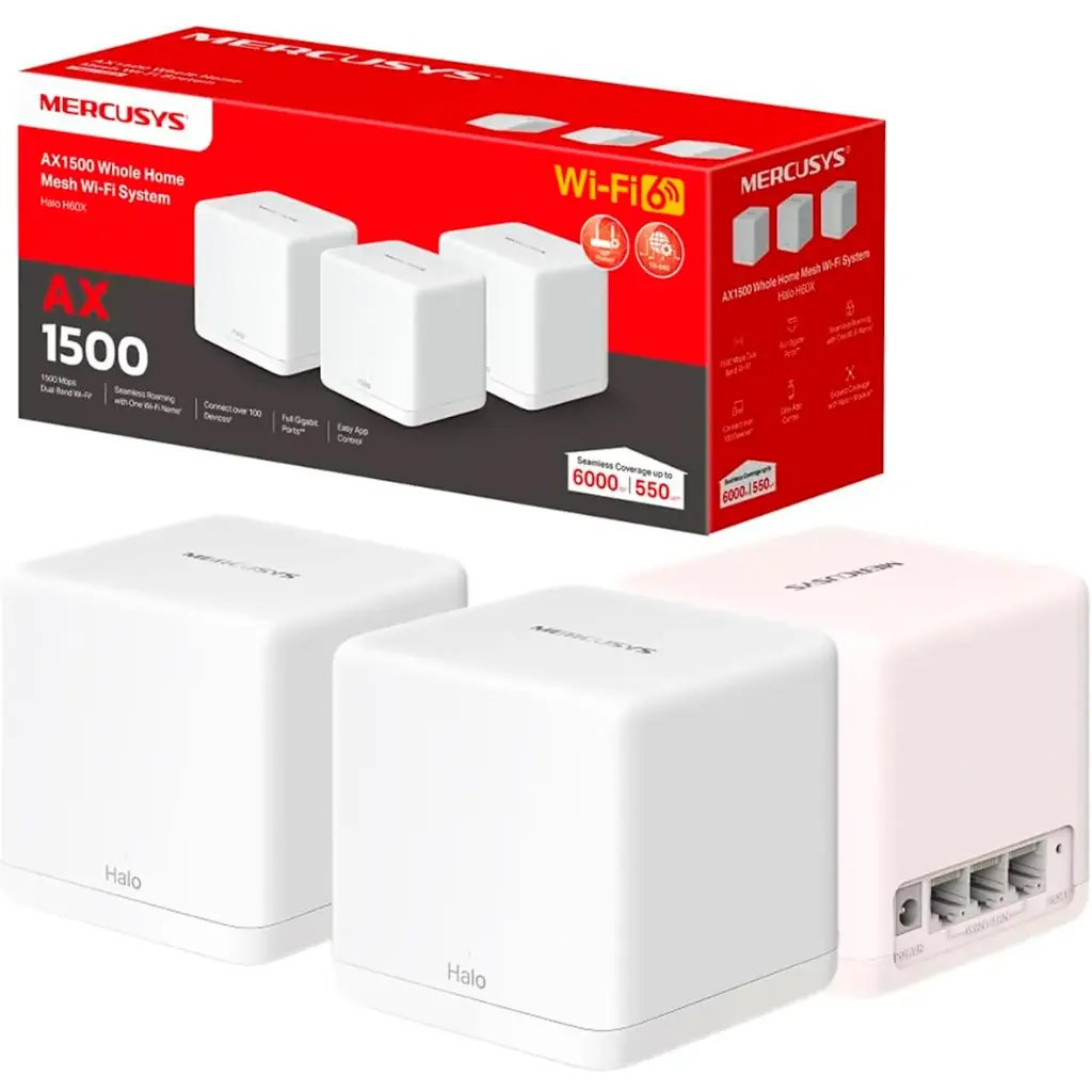 HALO MESH WIFI-6 H60X-3 AX1500 DOBLE BANDA MERCUSYS PACK X3 PARA 550m CUADRADOS