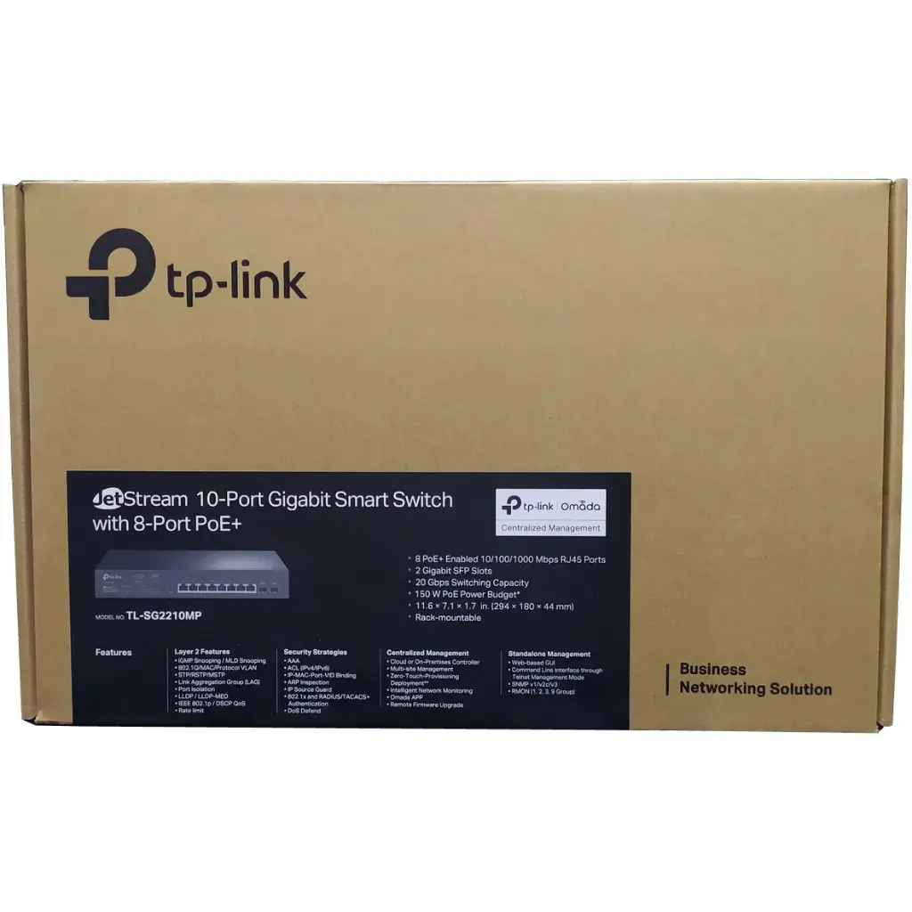 SWITCH DE 10 PUERTOS GIGABIT CON 8P POE+ Y 2 SFP TP LINK SG2210MP JetStream OMADA