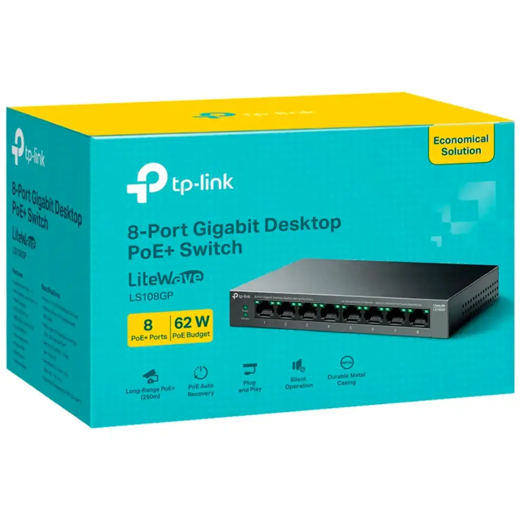 SWITCH GIGABIT DE 8 PUERTOS CON 8 POE+ DE 62W Y TRANSMISION HASTA 250M PLUG & PLAY LS108GP