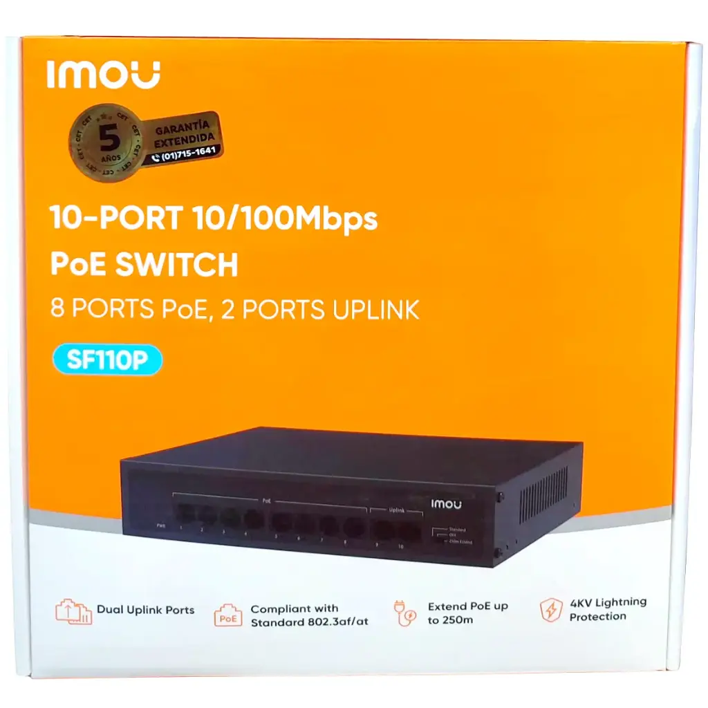 SWITCH POE DE 8 PUERTOS POE Y 2 UPLINK 10/100Mbps | EXTENDER POE HASTA 250m | 65W | SF110P IMOU