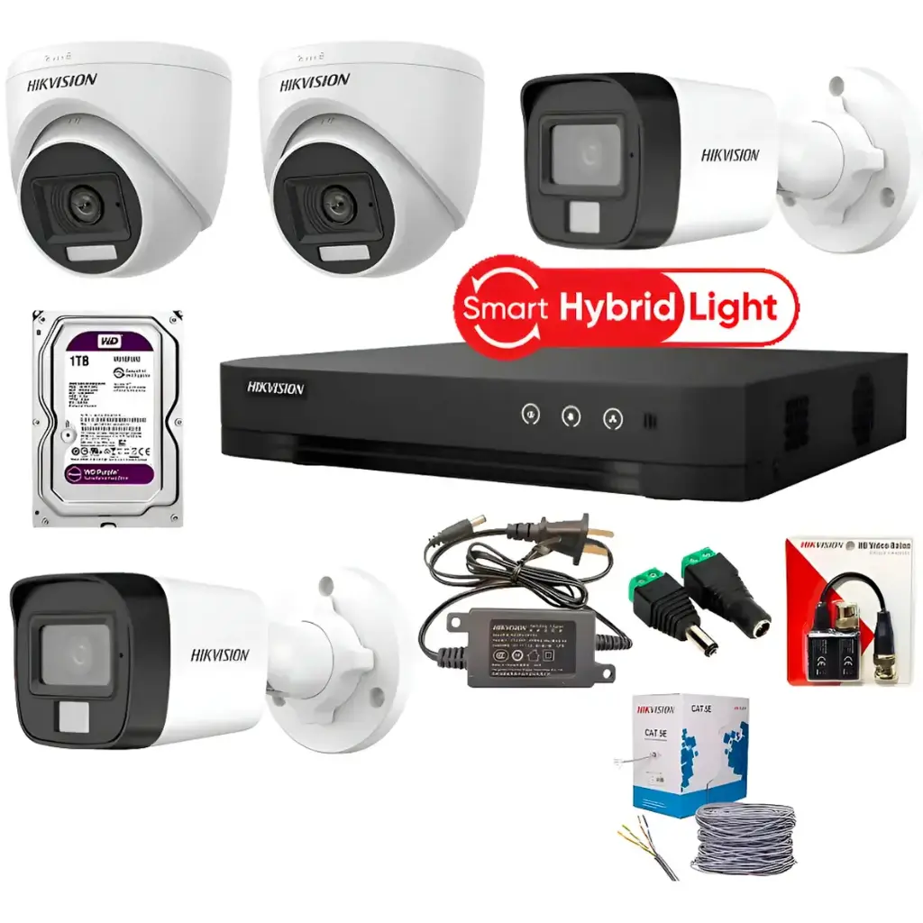 KIT DE 4 CAMARAS CON AUDIO SMART HYBRID DUAL LIGHT FULL HD 2MP HIKVISION CON DISCO DE 1TB - SIN CABLE