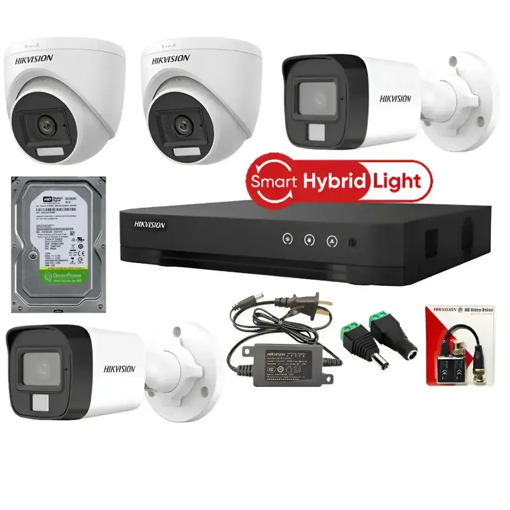 KIT DE 4 CAMARAS CON AUDIO SMART HYBRID DUAL LIGHT FULL HD 2MP HIKVISION CON DISCO DE 1TB