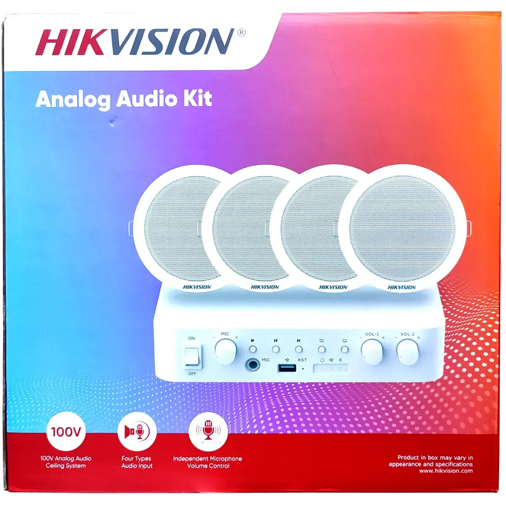 KIT DE AUDIO ANALOGICO DON AMPLIFICADOR DE 60 W y 4 ALTAVOCES DE TECHO DE 6 W HIKVISION HK-DS-QAE0KA60206-4