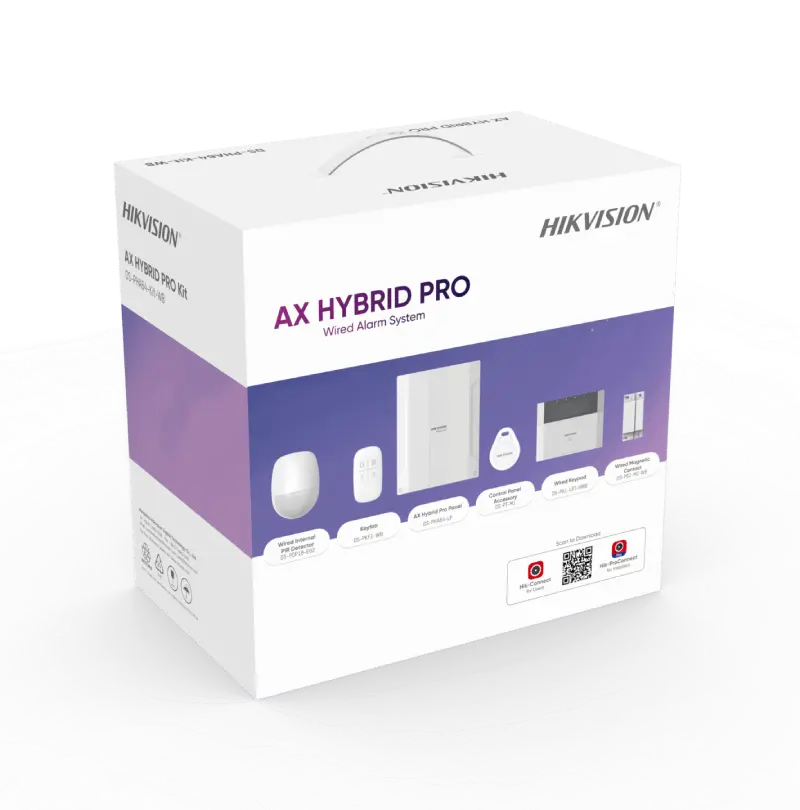 KIT DE ALARMA HIBRIDA 8Z CON DISPOSITIVOS CABLEADOS AX HYBRID PRO HK-DS-PHA64-KIT