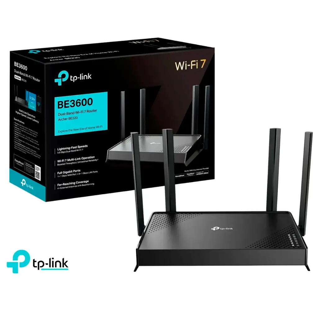 ROUTER TP-LINK WiFi 7 BE3600 DUAL BAND (5GHz/2.4GHz) | 3600Mbps 4 antenas, 1 puerto WAN + 4 LAN Gigabit, MU-MIMO, OFDMA, Beamforming, EasyMesh, WPA3 MODELO: ARCHER BE220