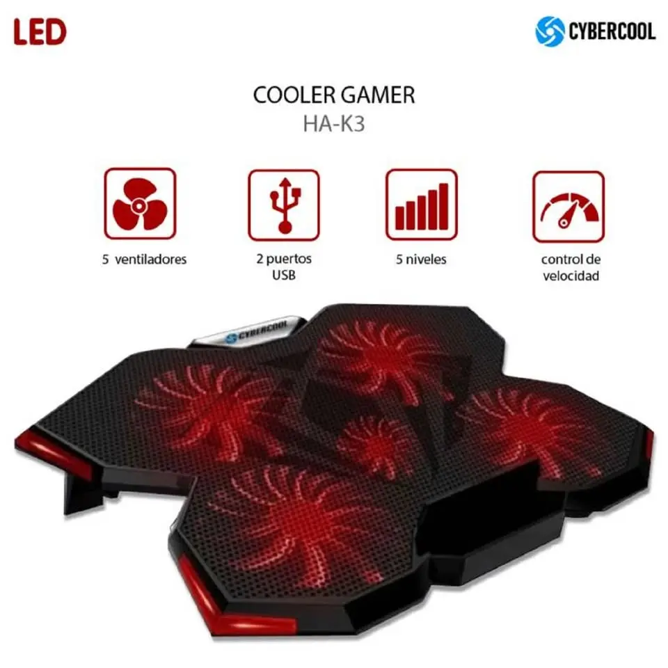 COOLER PARA LAPTOP Y NOTEBOOK CYBERCOOL HALION 5 VENTILADORES HA-K3