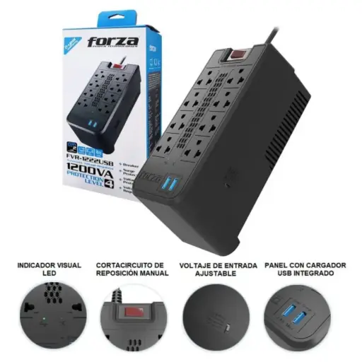 [FZ-FVR-1222USB] ESTABILIZADOR 8 TOMAS 1200VA/600W C/2USB 220V FORZA FZ-FVR-1222USB