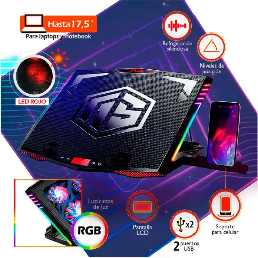 [HA-K7] COOLER PARA LAPTOP Y NOTEBOOK CYBERCOOL HALION 6 VENTILADORES HA-K7 RGB