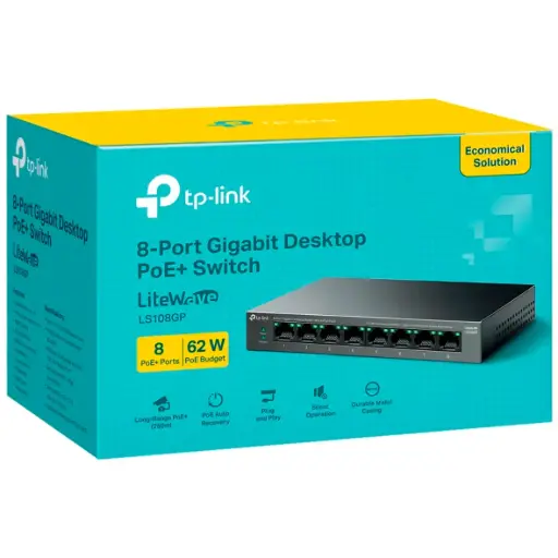 [LS108GP] SWITCH GIGABIT DE 8 PUERTOS CON 8 POE+ DE 62W Y TRANSMISION HASTA 250M PLUG & PLAY LS108GP