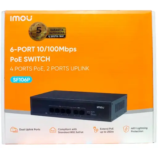 [SF106P-IMOU] SWITCH POE DE 4 PUERTOS POE Y 2 UPLINK 10/100Mbps | EXTENDER POE HASTA 250m | 45W | SF106P IMOU