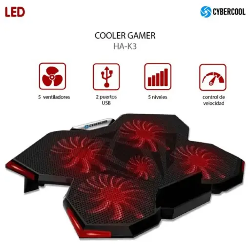 [HA-K3] COOLER PARA LAPTOP Y NOTEBOOK CYBERCOOL HALION 5 VENTILADORES HA-K3